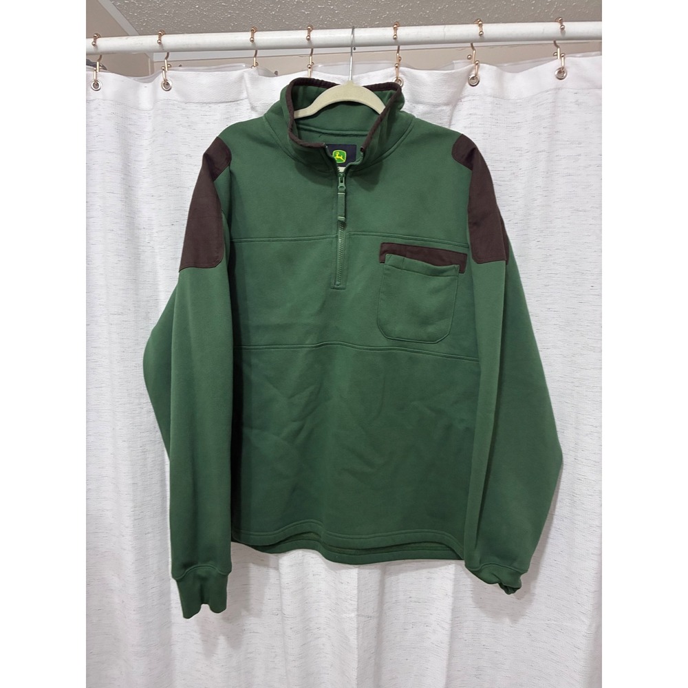 John Deere Mens 2XL Green Quarter Zip Fleece Pullover Sweatshirt Brown Trim